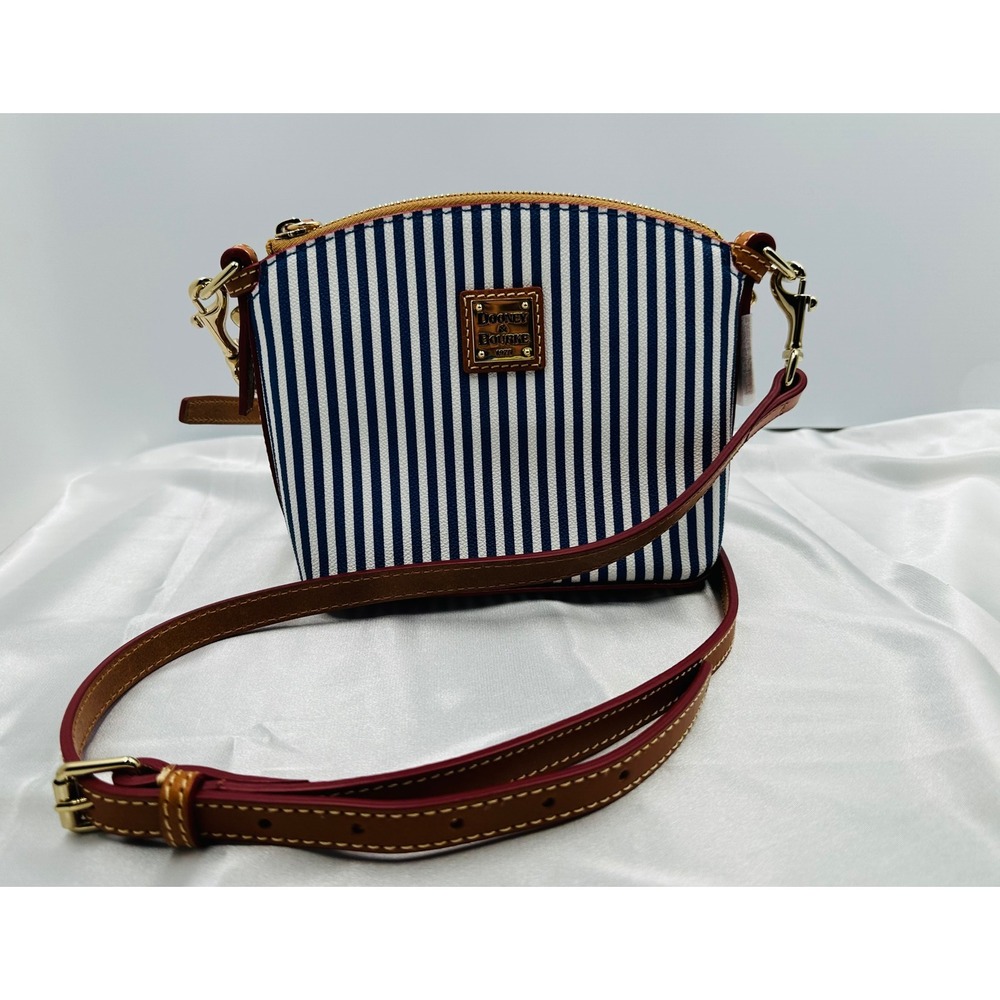 Dooney & Bourke Navy White Striped Coated Cotton Crossbody Bag‎ Leather Trim